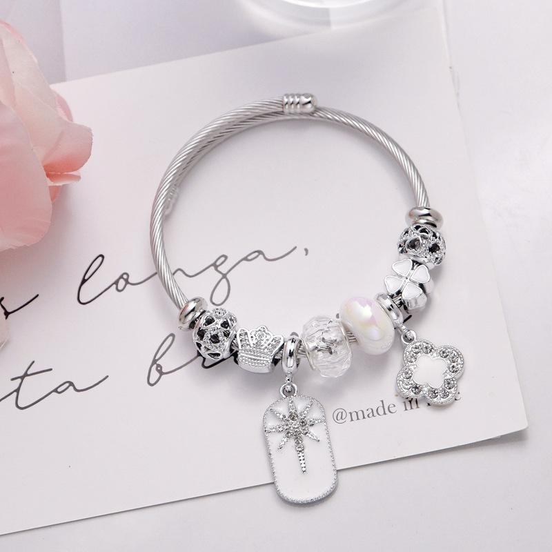 

Lucky Clover Octagram Diamond Beaded Bracelet Women Stainless Steel Bangle Fashion Jewelry Gift белый
