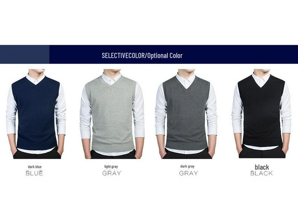 Men's Solid V-Neck Wool Knit Vest - Sleeveless Pullover for Spring and Autumn