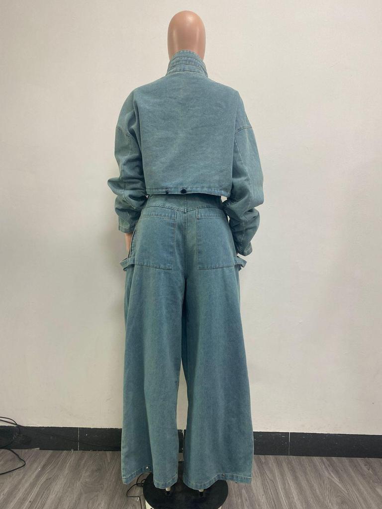 Two-Piece Retro Denim Workwear Set: Wide-Leg Trousers & Short Jacket for Women