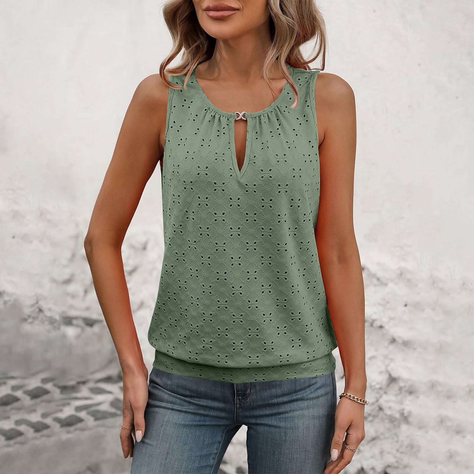 

Женская модная однотонная футболка без рукавов с пряжкой и круглым вырезом S зелёный