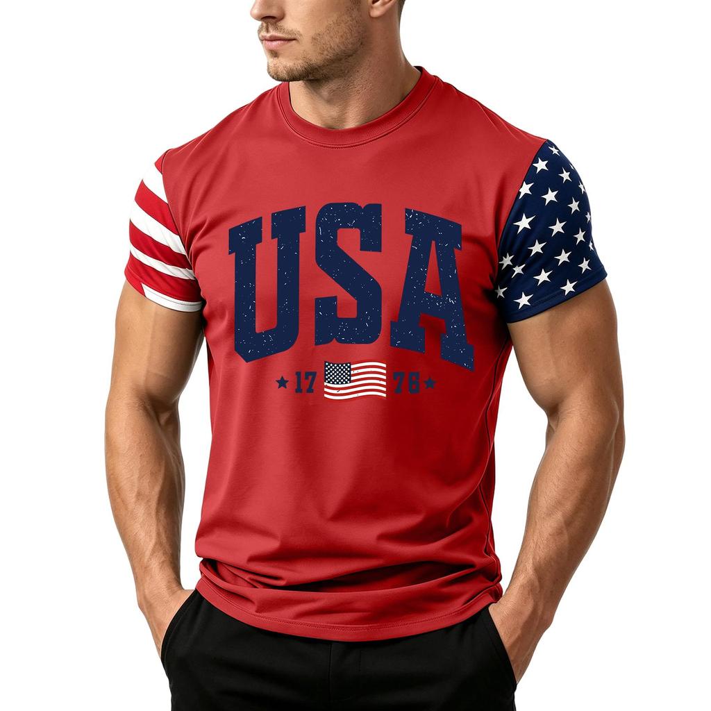 Men's Independence Day Flag Print Short Sleeve T-Shirt, Loose Casual Daily Summer Tops