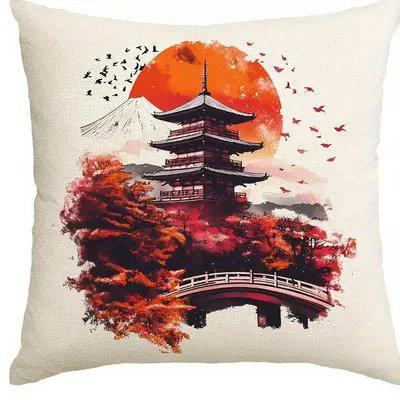 Home Decor Japanese Pagodas With Cherry Blossoms And Sun Pattern Cushion Cover Suitable For Sofa Bedroom Car Pillow Cover