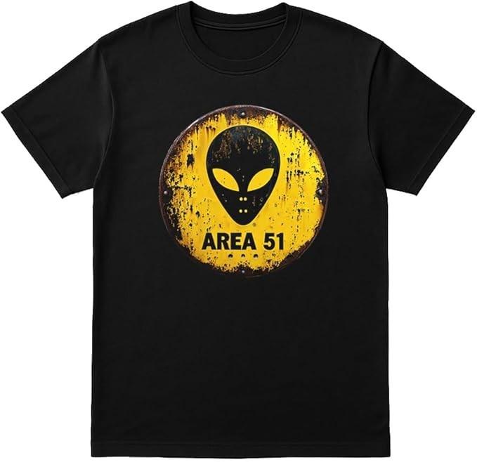 Area 51 Alien T-Shirt Unisex Black Tee with Distressed Yellow UFO Warning Sign