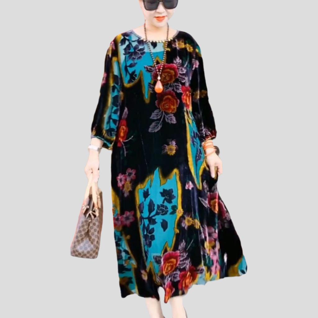 Frühling/Sommer Damen Übergröße Kleid Vintage Bedrucktes Samtkleid Lockerer Rundhalsausschnitt Langes Blumenkleid