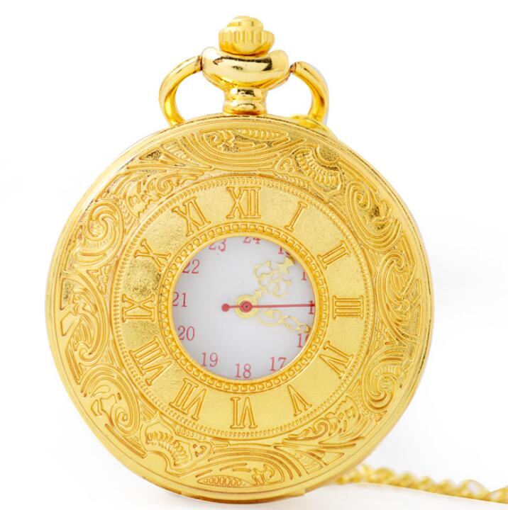 Vintage Roman Numerals Pocket Watch with Chain Hollow Case Steampunk Quartz Fob Watch