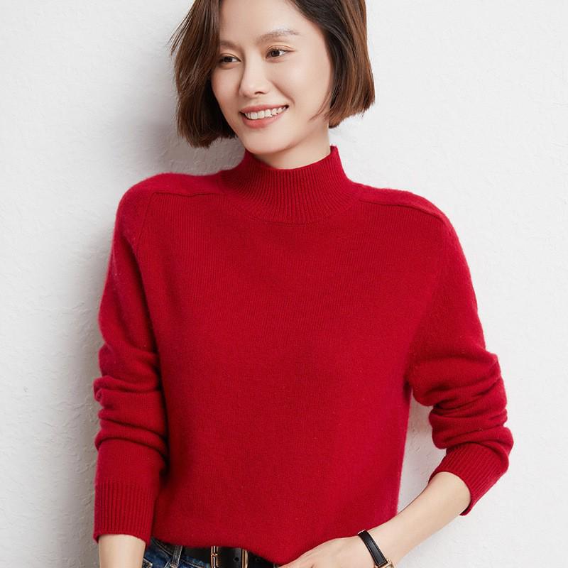 Women's 100% Wool Thickened Saddle Shoulder Sweater – Soft and Warm Half-High Neck Knitwear for Autumn and Winter