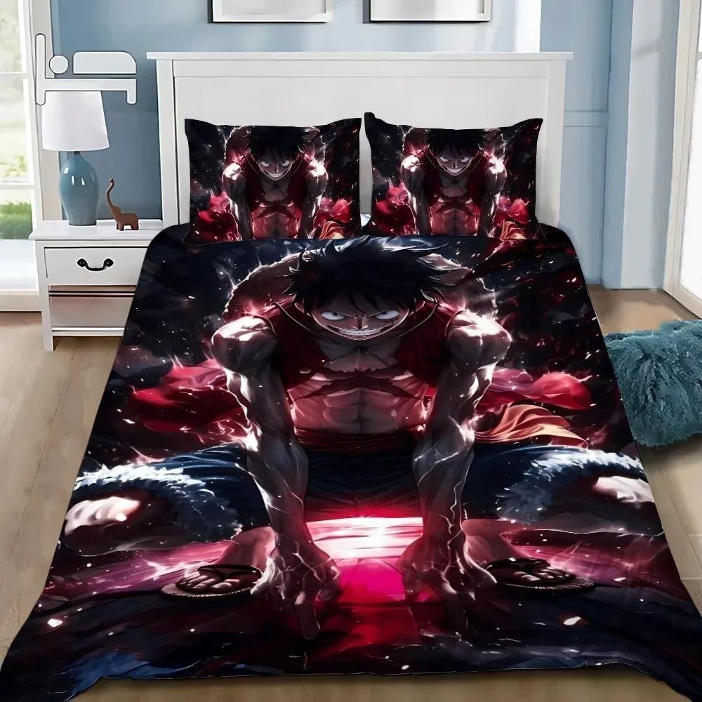 One Piece Duvet Cover Set, Luffy Bedding Set, Cartoon Print Bedroom Decoration with Zipper Pillowcase, Luxury Gift for Children