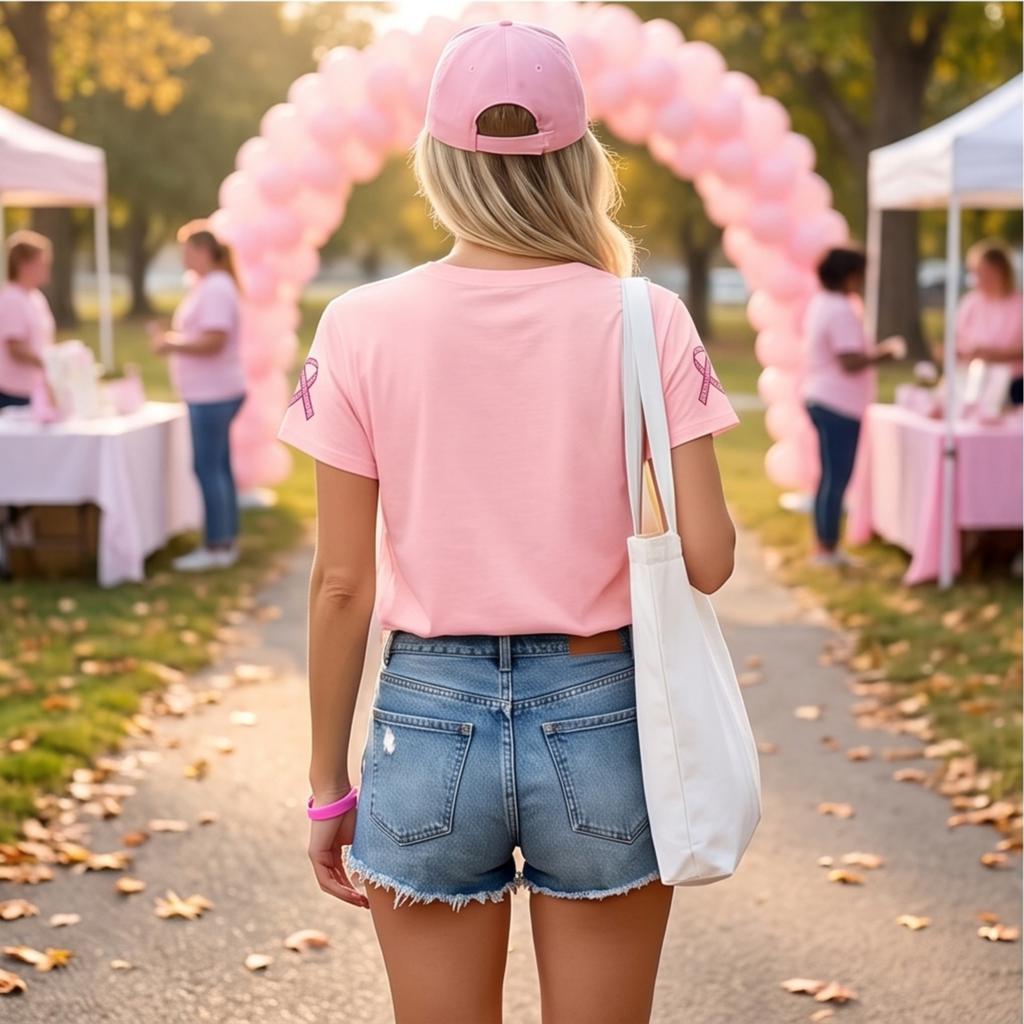 Women's Fashion Casual Short Sleeve V-Neck Top with Breast Awareness Print