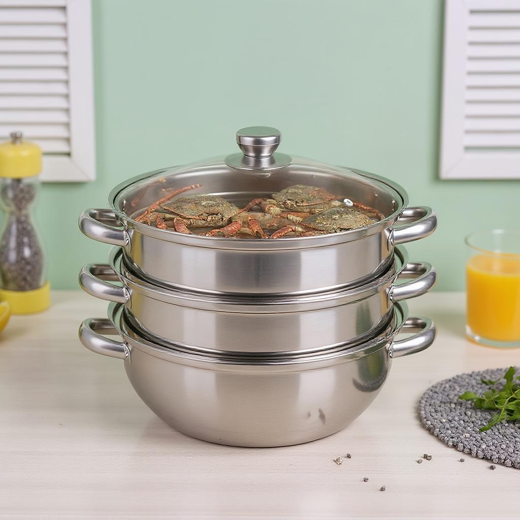 28cm Three-Layer Stainless Steel Soup Steamer | 410 Stainless Steel, Silver, with Transparent Lid, 32.5 * 25cm/12.8 * 9.84in