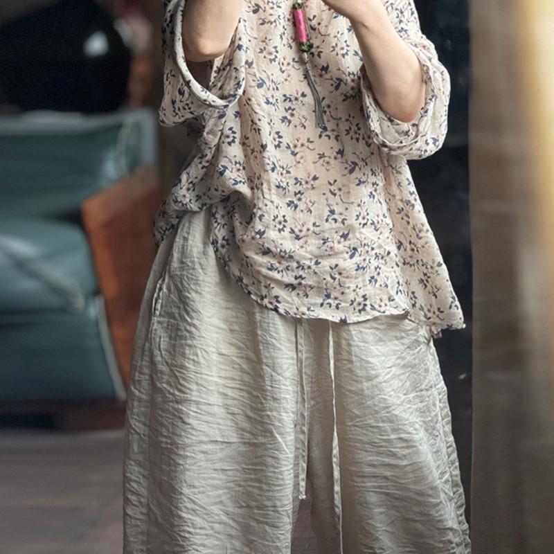 Johnature Women Solid Color Wide Leg Pants Elastic Waist Pockets Autumn Loose Trousers Women Pants