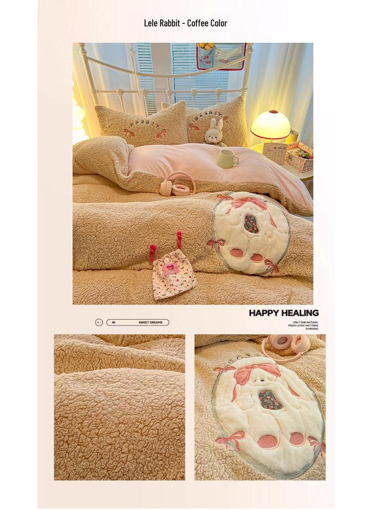 Cartoon Chenille Embroidered Lambswool Fleece Bedding Set - Duvet Cover & Bed Sheet