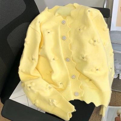 Flower Shaped Women's Sweater Pearl Button Round Collar Ruffled Long Sleeved Cardigan Korean Style Autumn New Version Sweet Female Top