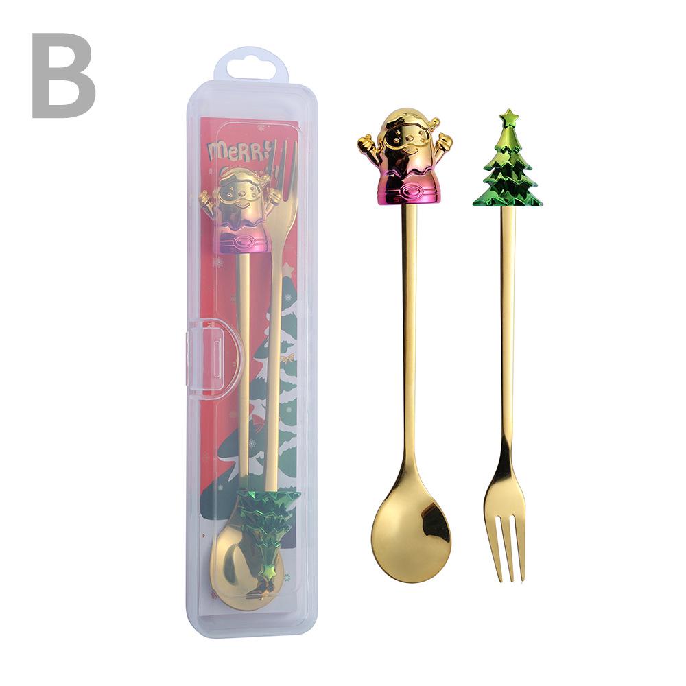 Cartoon Santa Claus Christmas Tree Coffee Dessert Spoon & Fork Gift Set
