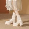 Weiße kurze Stiefel Damen neue runde Zehenpartie Plateau Martin Stiefel Damen dicker Absatz mittelhoher Schaft hoher Absatz vielseitig elastische dünne Stiefel