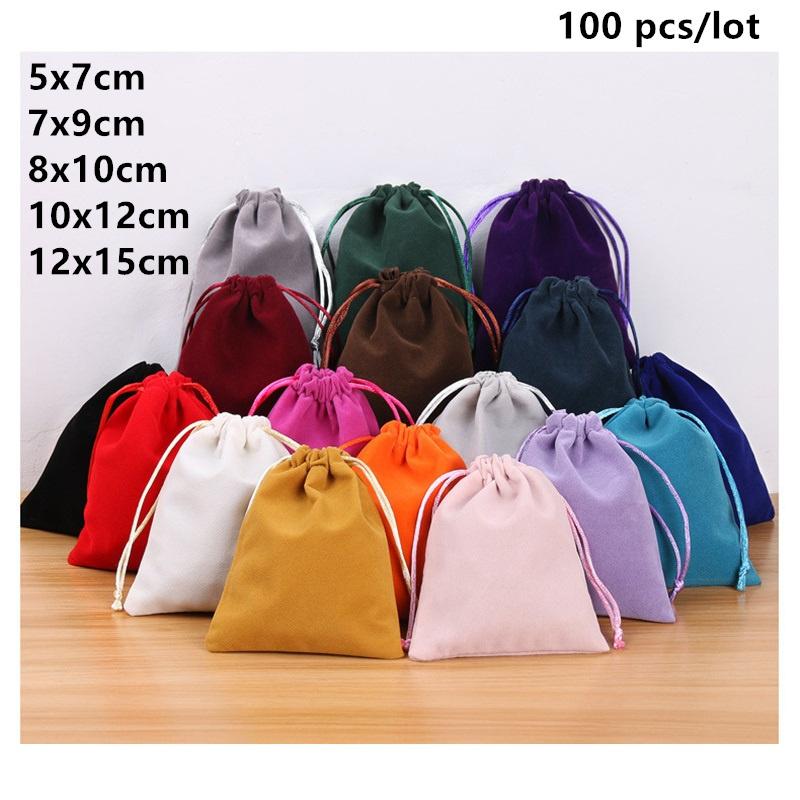 100 Pcs/Lot Velvet Drawstring Wedding Bags Gift Fabric Package Various Colors Samll Size Jewelry Pouches For Christmas Party
