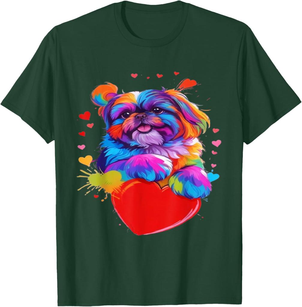 Colorful Shih Tzu Heart Graphic T-Shirt Cute Dog Lover Casual Short Sleeve Tee