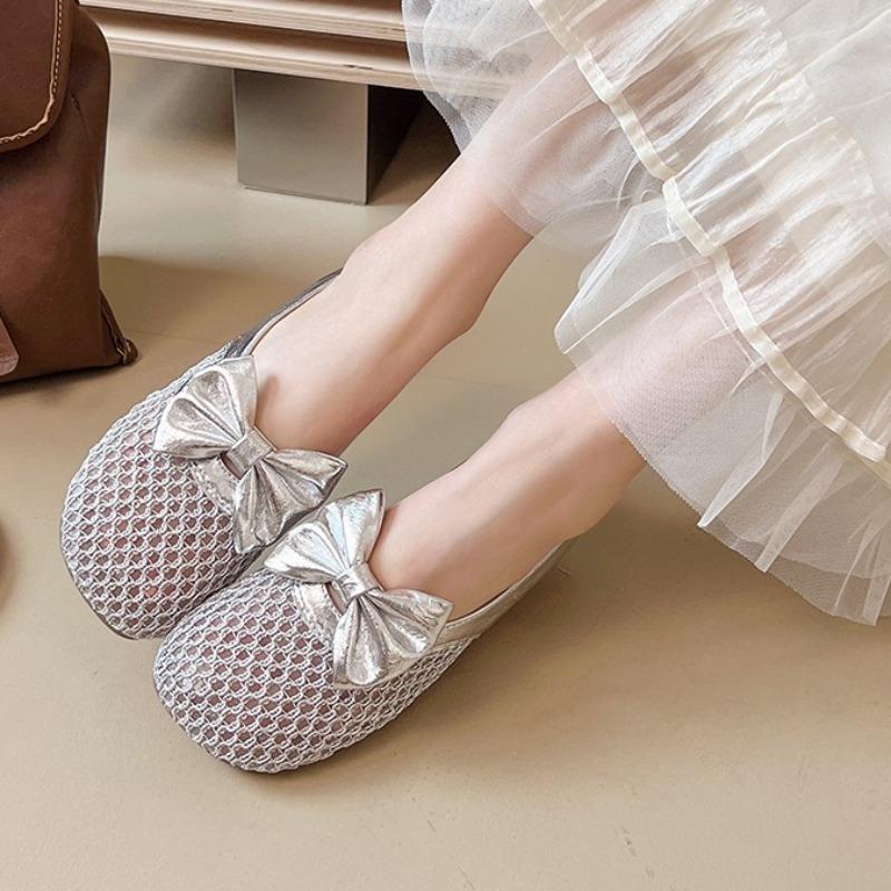 Fashion Baotou Slippers Women's Round Head Mesh Breathable Bow Outer Wear Soft Bottom Light Anti-slip Beach Semi-drag