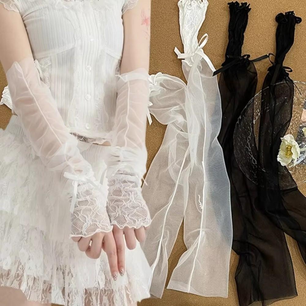 Bowknot Fingerless Gloves Sheer Lolita Gloves Y2K Mesh Gloves