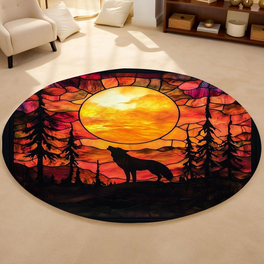 Stained Glass Wolf Howling Round Carpet Wolf Silhouette Art Non-Slip Floor Decor Mat for Living Room Bedroom Home Decor Rug
