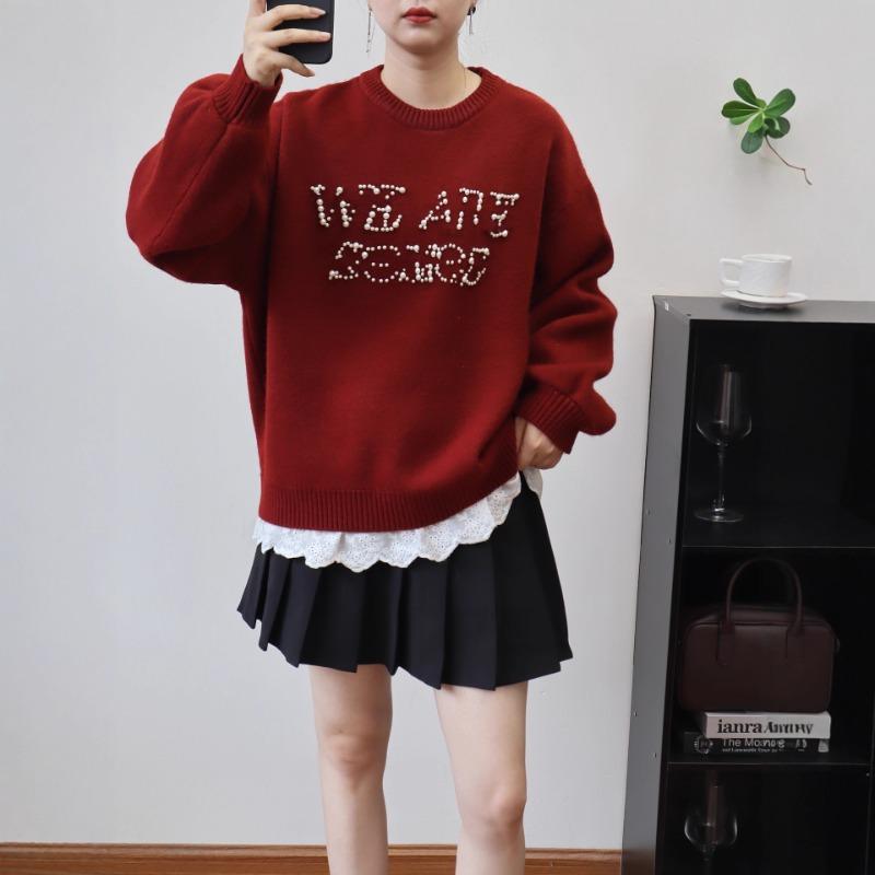 Bead Letter Splicing Fake Two-piece Knitted Sweater Top Autumn and Winter New Loose Casual Sweater Pullover Women