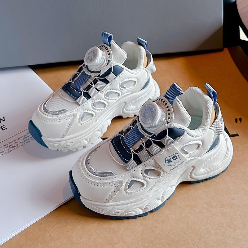Children's spring new 2025 button shoes leather surface platform non-slip casual shoes boys running shoes fashionable and versatile