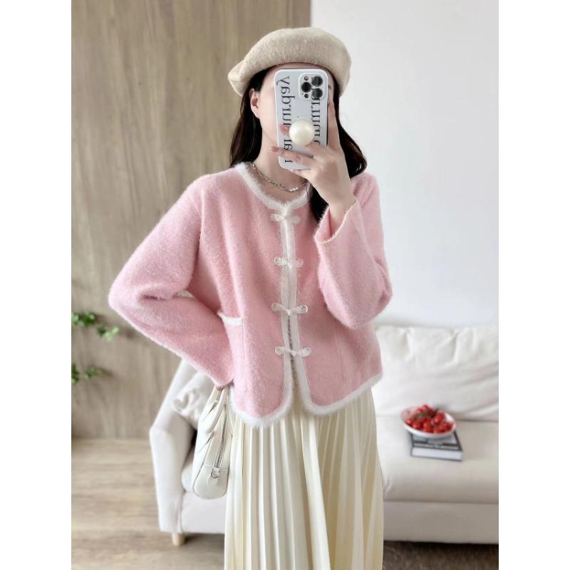 

Осень и зима новый женский вязаный кардиган свитер круглый вырез мягкий восковой фея пуговица ретро короткая имитация норки бархатная куртка one size fits all розовый