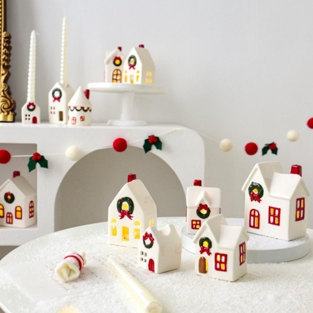 Novas Casas de Natal Iluminadas por LED Castelo Branco de Porcelana Estátua Estilo Rústico Vila de Natal em Miniatura Decoração de Casa