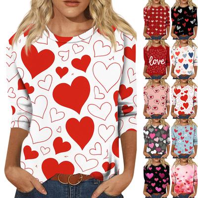 Blusa Casual da Moda Feminina com Manga Três Quartos Estampada para o Dia dos Namorados com Gola Redonda