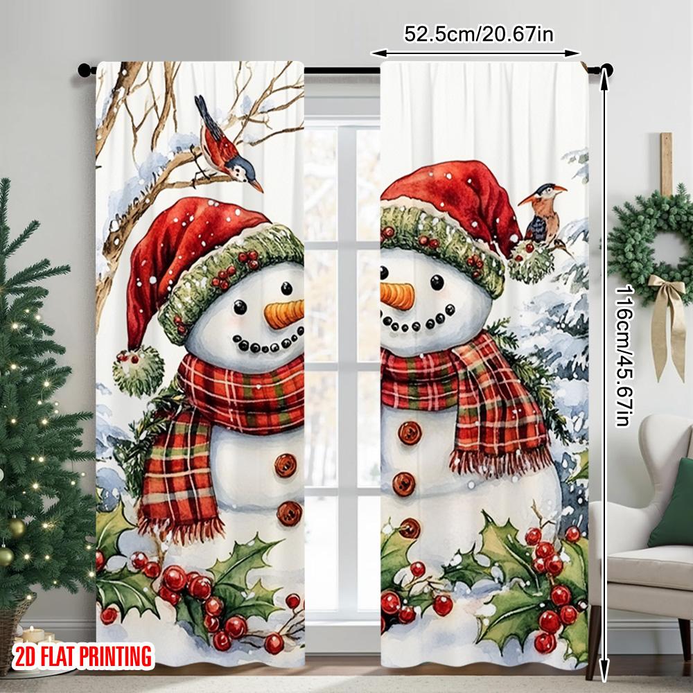 2pcs 2D Flat Printing Merry Christmas Popular Party Window Curtains Christmas Snowman4 100% Polyester Without Electricity Family