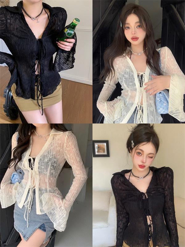 Women's Black Sheer Chiffon Sun Protection Shirt, Lace-Up Waist, Slimming Fit - Autumn 2026