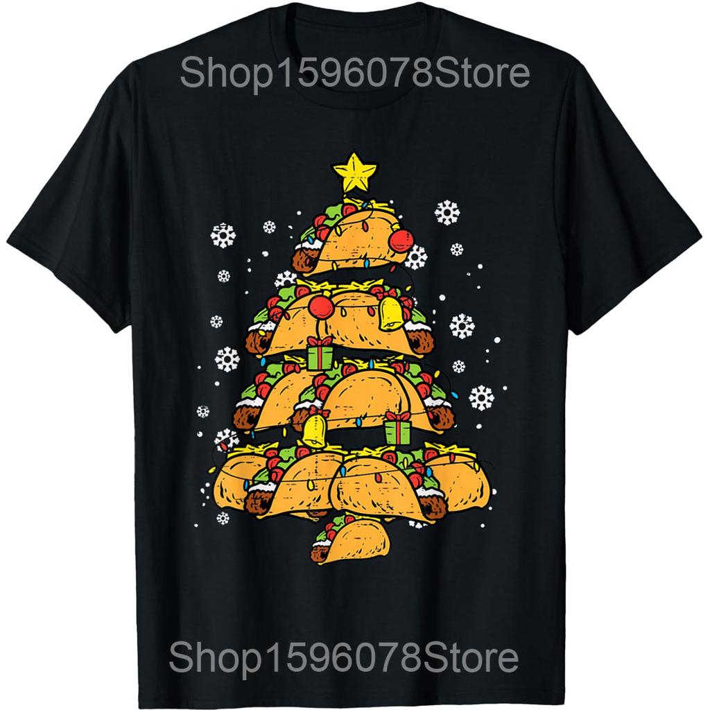 Tacos Christmas Tree Funny Xmas Foodie Mexican T Shirts Unisex Cotton Humor Streetwear Tee Shirt Short Sleeve Unisex Loose Clothing