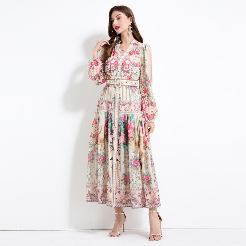 Summer Autumn Women V-neck Vintage Print Chiffon Runway Dress Single Breasted Long Maxi Oversize Vacation Beach Dresses with Belt