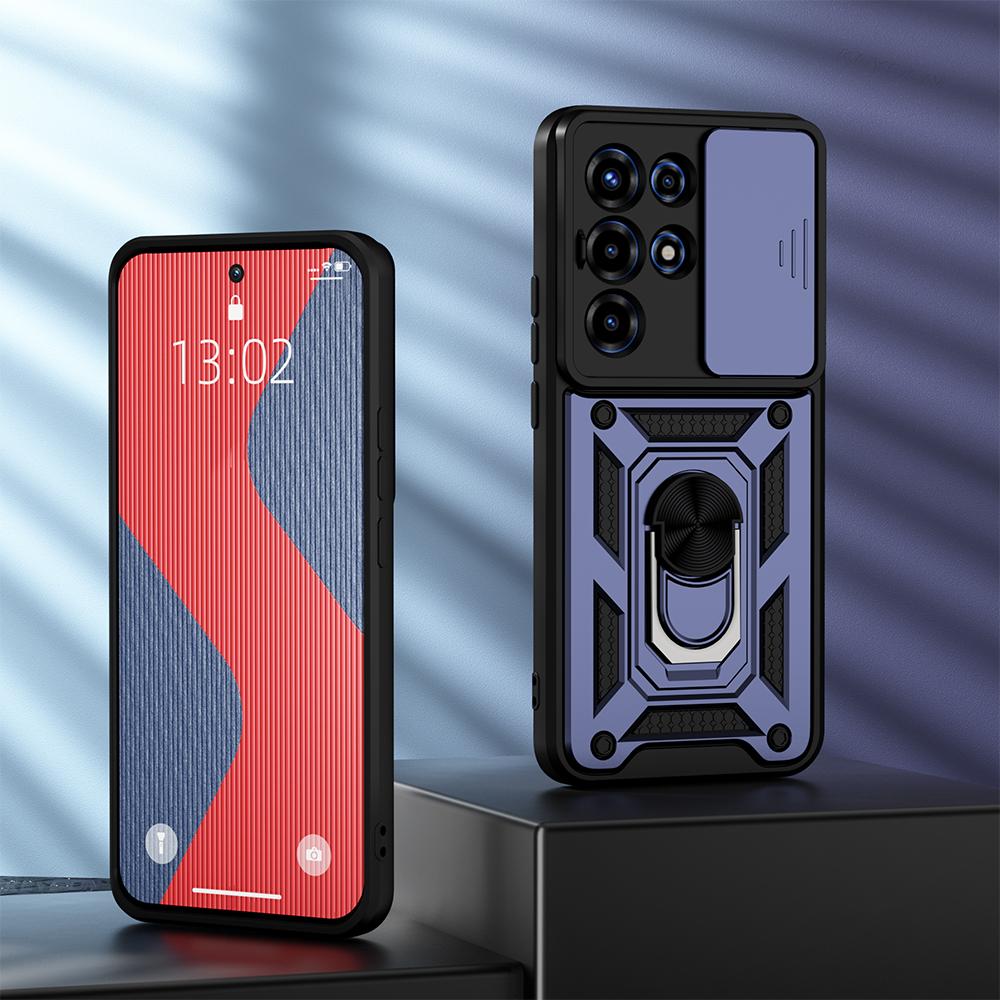 KEYSION Shockproof Armor Case for Itel SUPER 26 Ultra Slide Camera Lens Protection Ring Stand Phone Cover for Itel S26 Ulltra
