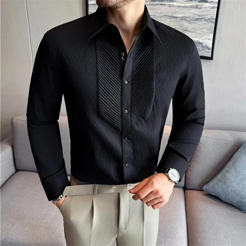 

Мужская рубашка высокого качества, квадратный воротник, однотонная, длинный рукав, модная, повседневная, для свадебной вечеринки, мужские топы на одной пуговице XXXL чёрный