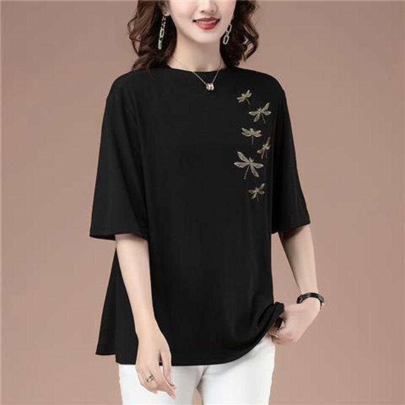 Korean Casual Versatile Summer New Women's Round Neck Embroid Fashionable Elegant Comfortable Short Sleeve Loose T-shirt Tops
