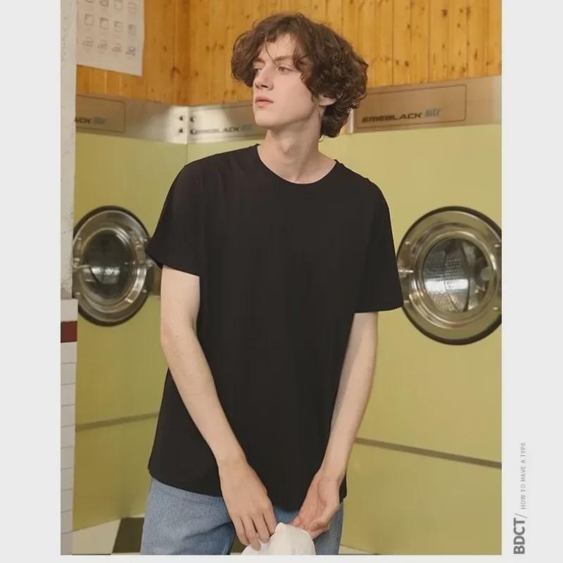 Men's Slim Fit Cotton T-Shirt: Korean Style, Short-Sleeved, Round Neck, Ideal for Spring/Summer, Available In Black, White, and Gray.