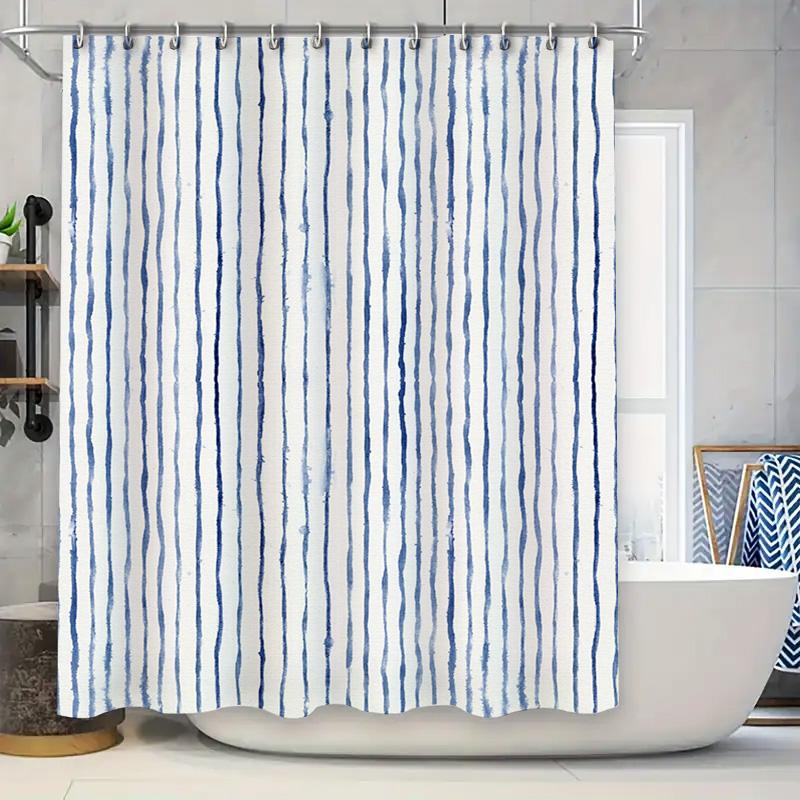 Blue and White Striped Shower Curtain Waterproof Fabric High-Quality Bath Accessories for Home Decor Large Size (180x235cm)