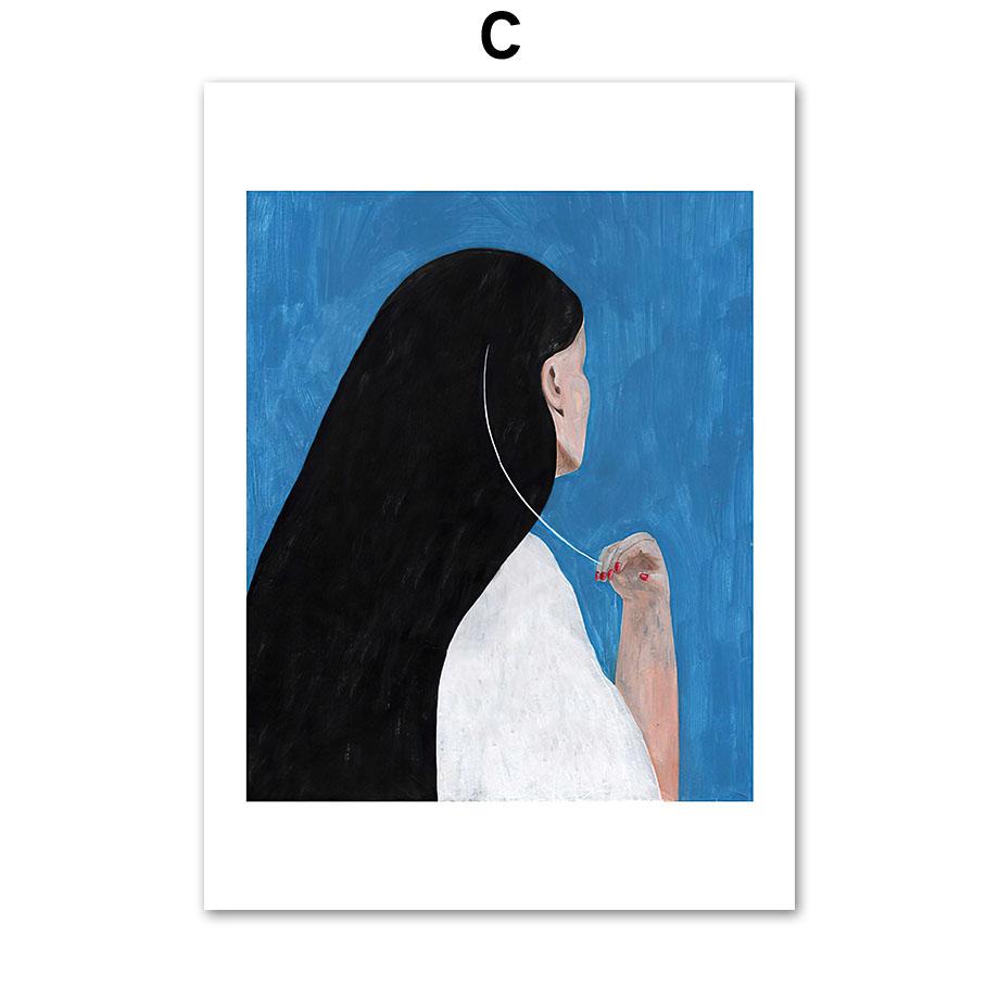 Blue Abstarct Line Girl Portrait Geometric Curve Posters And Prints Wall Art Canvas Painting For Living Room Decorative Pictures