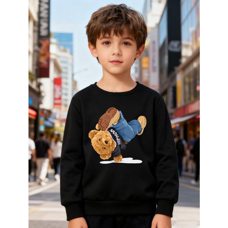 European Sizes Kids' Stylish Round-Neck Pullover, Long-Sleeved Top, Featuring a Cartoon Bear Print, Suitable for Everyday Casual Wear