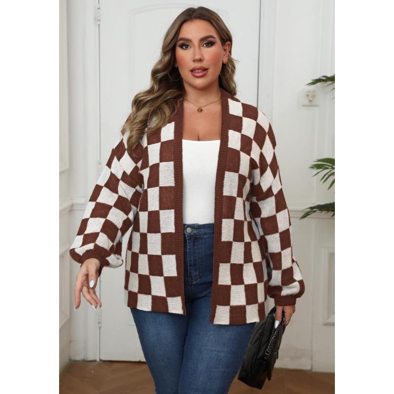 Damen S Übergröße Schachbrettmuster Farbblock Locker gestrickter Cardigan