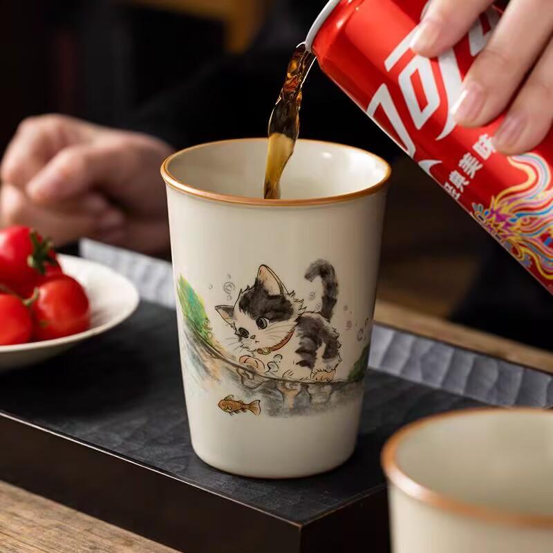 Ru Kiln Cute Cat Coke Cup Teacup Master Cup Ceramic Household High-End Personal Tea Cup Teacup