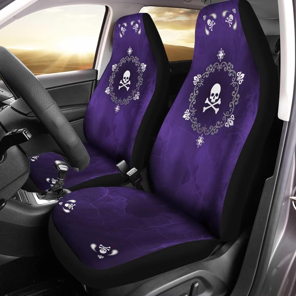Bulopur Cute Black Gray Skull Set of 2 Car Seat Covers Universal Auto Front Seats Protector Fits for Car,SUV Sedan,Truck