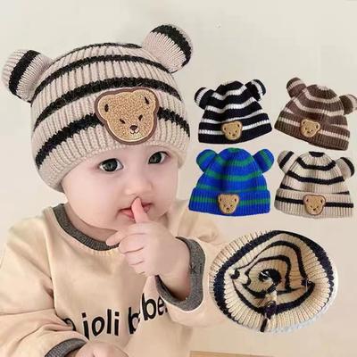 Herbst- und Winter-Kinderstrickmützen, gestreifte Bärenkopf-Strickmützen für Jungen und Mädchen, gerollte Melonenmützen