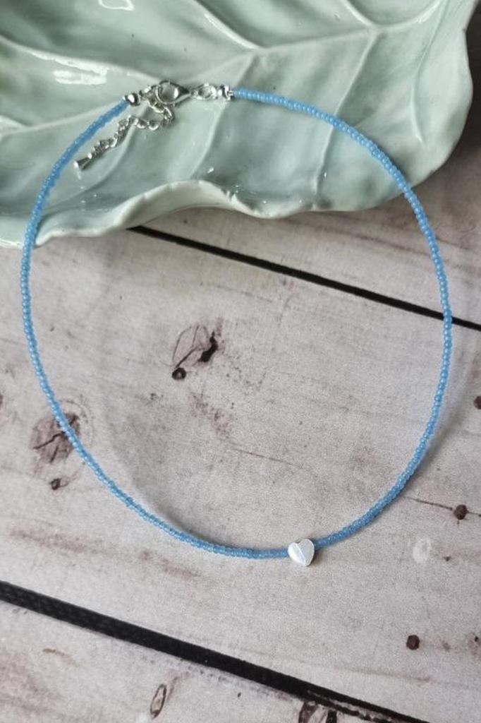 Handmade Choker with Light Blue Seed Beads and Natural Heart Shell Pendant