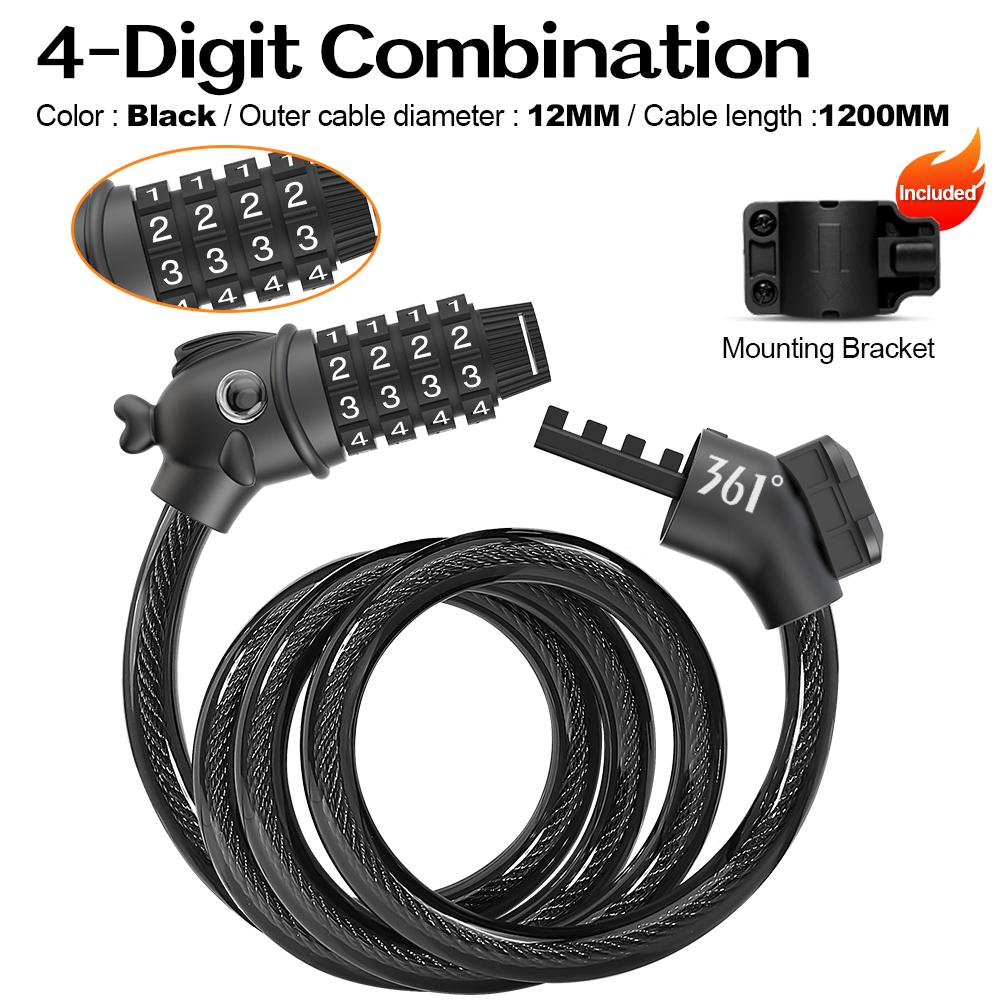 361 Degrees Bike Lock 4 Digit Code Combination Cable Lock Stronger Anti Theft Bike Cable Locks for Bicycle MTB Electric Scooter 4