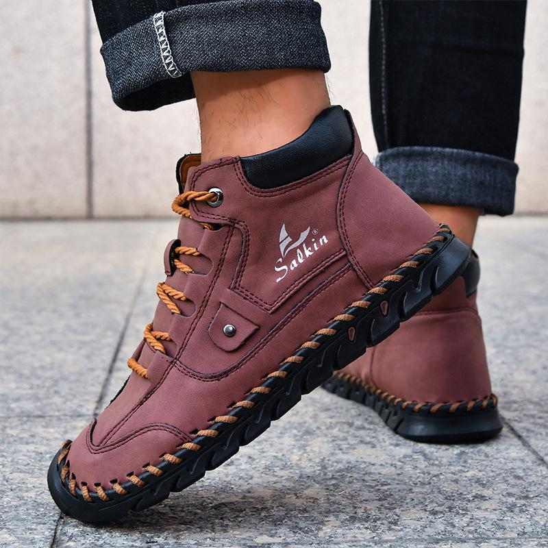 2025 Autumn/winter Men's Casual Shoes Short Boots Mid Top, Large-sized Handmade Ankle Boots Work Boots