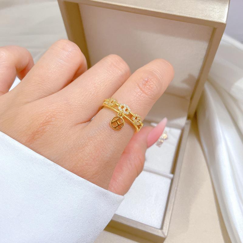 Real Gold Korean Version Super Flash Zircon Pig Nose Coin Ring Opening Adjustable Simple Hand Japanese Ring