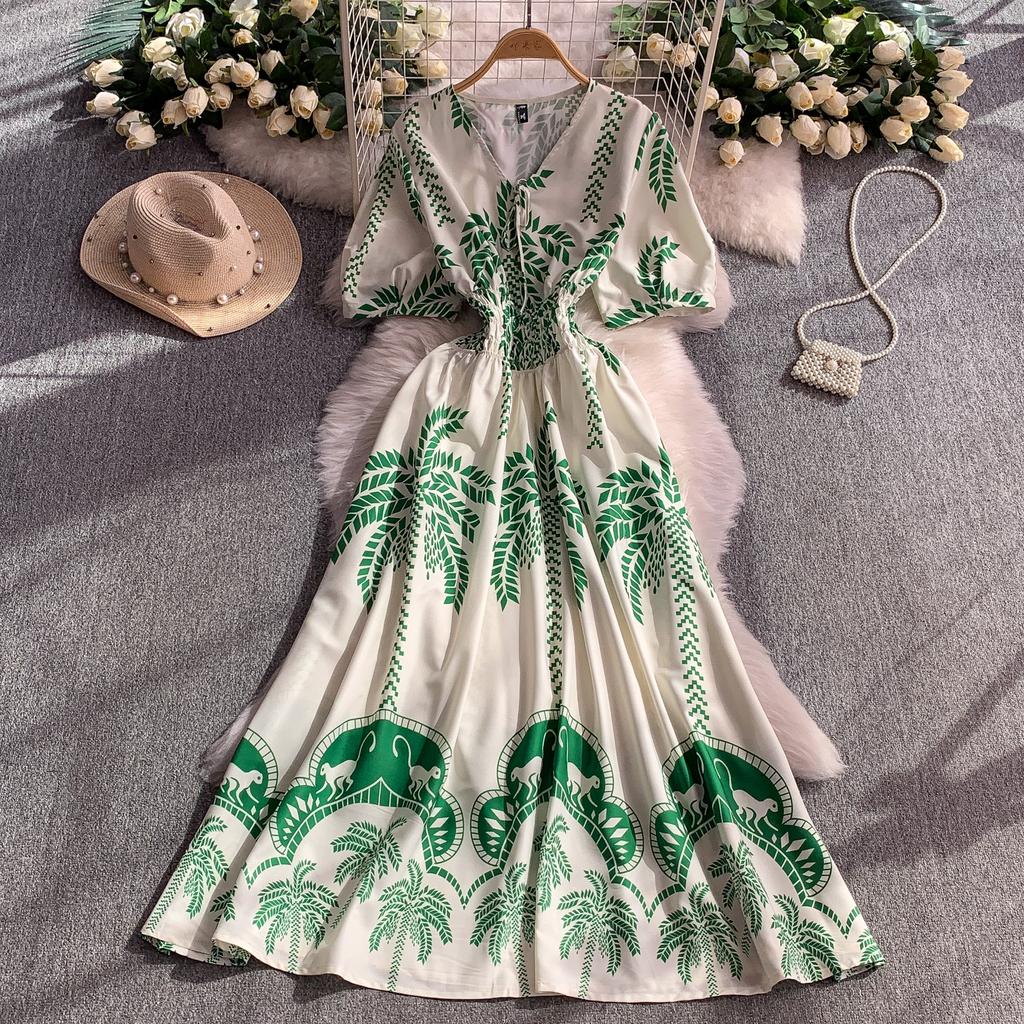 Summer Women Printed Dress V-neck Lace-up Short Sleeved Pleated A-line American Casual Fashion Elegant Female Dresses