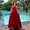 The original practice has the inner French petty bourgeoisie retro Bordeaux V-neck suspender sexy little backless cake dress
