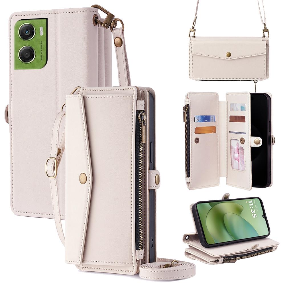 For Motorola Moto G06 4G Case Card Slots Zipper Purse PU Leather Phone Cover with Shoulder Strap